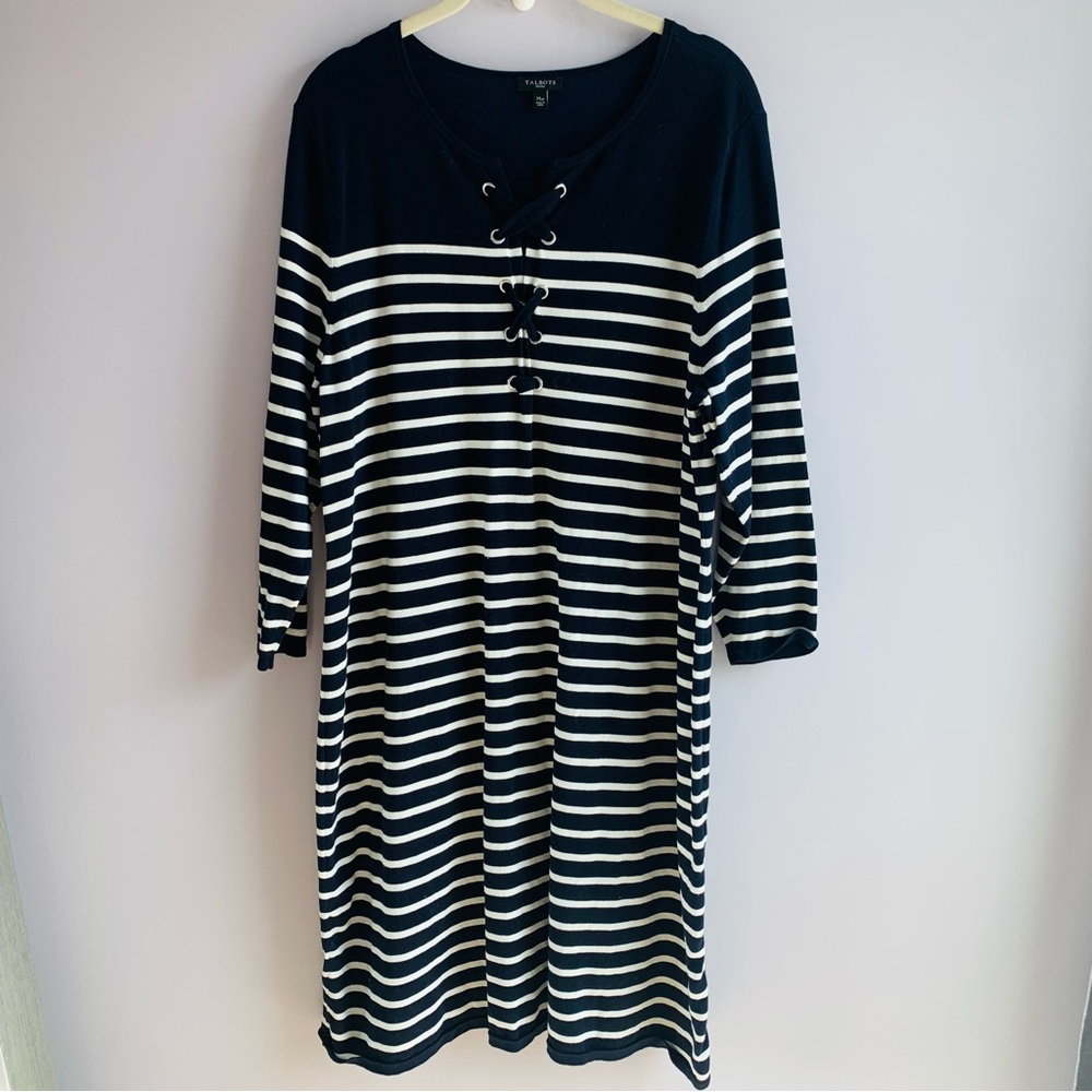 Talbots Knit Dress Lace Front Navy White Stripe Office Business Casual Petite XL